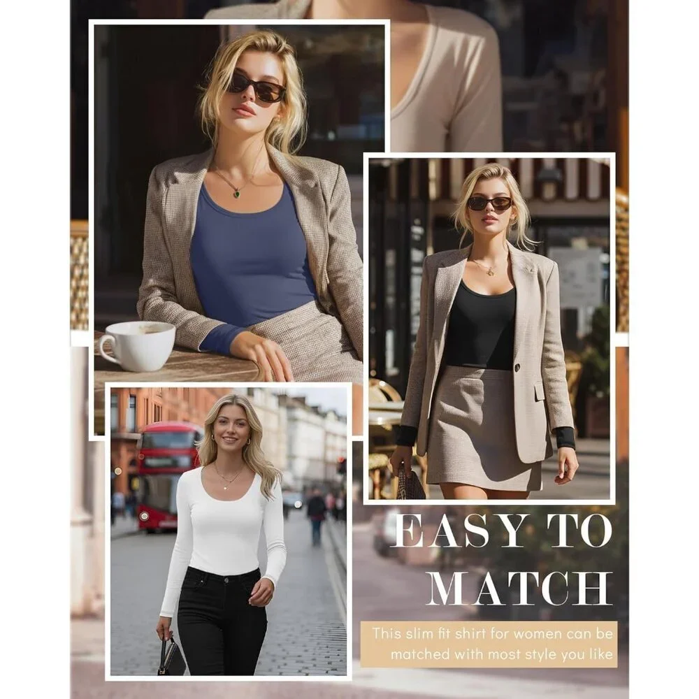 Women's Long Sleeve Shirts 3 Pack Cotton Polyester Spandex Slim Fit Casual Top
